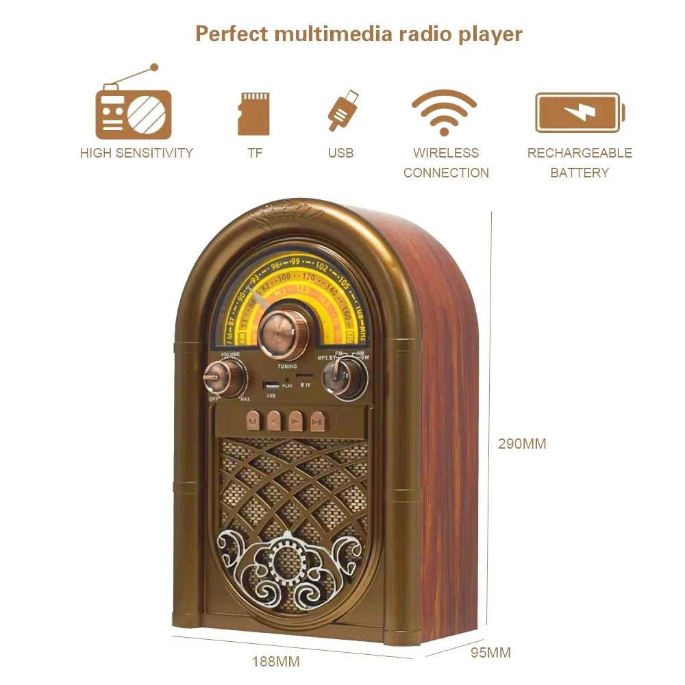 Audio Music Apple - R-1950BT Retro Taşınabilir Şarj Edilebilir FM/AM/SW